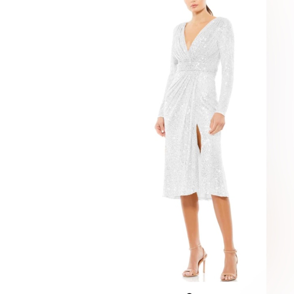 NWT Mac Duggal LONG SLEEVE sequenced midi dress white